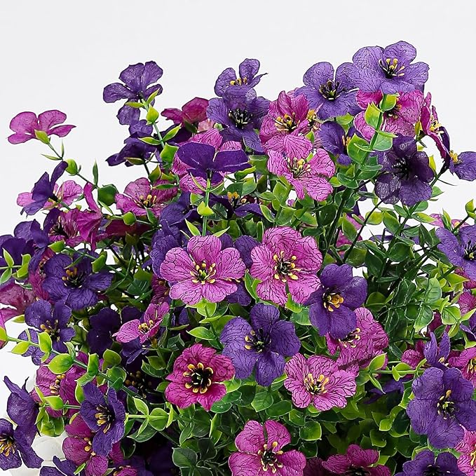 Artificial Flowers for Outdoors 6PCS，All Weather Fade Proof, UV Resistant Waterproof Realistic Faux Silk Mums Daisies Double Purple for Hanging Planters Porch Patio Balcony Deck Fence Garden Decor
