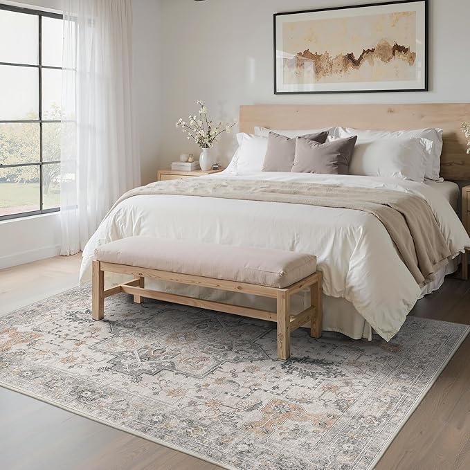 5X7 Area Rugs for Living Room, Machine Washable Non Slip Vintage Rugs, Low Pile Lightweight Print Rug for Bedroom, Dining Room, Home Office, Light Taupe Brown