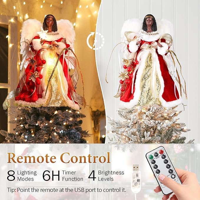 HMASYO Black Christmas Tree Topper Angel with Timer Lights, 12" African American Angel Tree Toppers with White Feather Wings, Star Light, Remote Control and USB Power Xmas Treetop Decor for Holiday