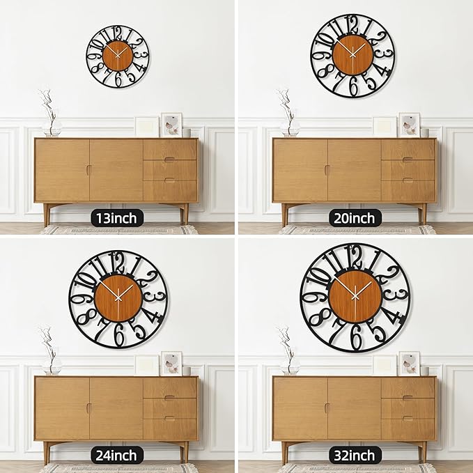 Maxstar Large Round Wall Clock for Living Room Decor Battery Operated Non Ticking Black Metal Wood Clocks for Home Living Room Garden Office Kitchen Decoration -32 inch