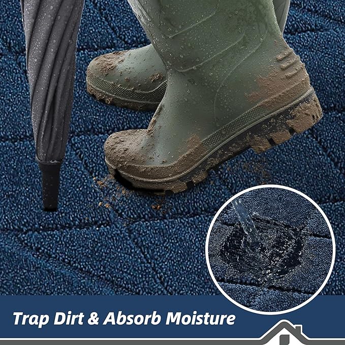BEQHAUSE Dirt Trapper Door Mat 32" x 72", Doormat Non-Slip Entryway Rugs Washable, Dog Door Mat Stain Resistant and Absorbent Welcome Floor Mat for Front Back Door, Muddy Wet Shoes & Paws, Navy Blue