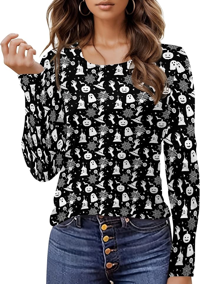 Halloween Sweatshirt Ghost Graphic U-Neck Sweatshirt Long Sleeve Breathable Plus Size Halloween Pullover Best Gift