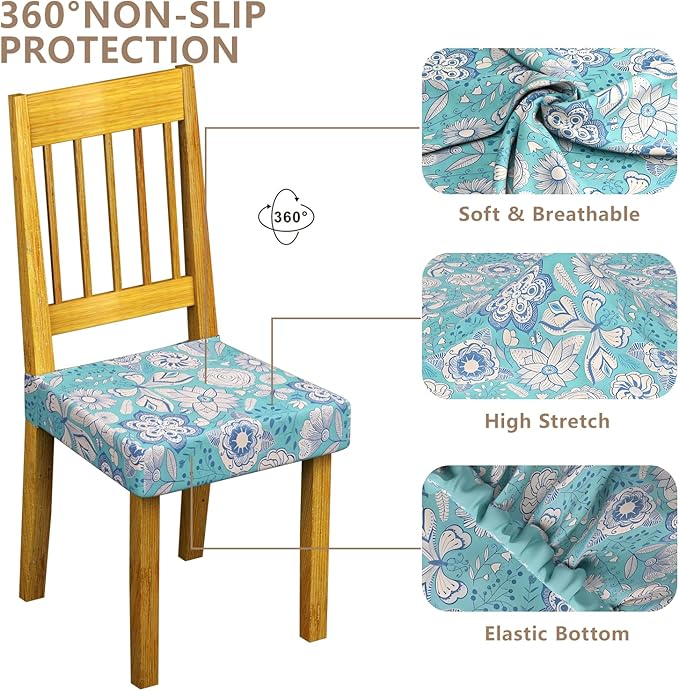 Stretch Dining Chair Seat Covers Set of 6,Dining Chair Slipcovers, Floral Printed Chair Covers,Soft Fabric Washable Upholstered Chair Seat Protector, No Rear Covers for Home Kitchen Dining Room