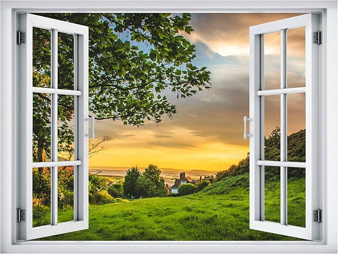 SIGNWIN Removable Wall Sticker/Wall Mural Window View Sunset Sky Countryside Field Nature Wilderness Photography Realism Decorative Landscape Digital Art for Living Room, Bedroom, Office - 24"x32"