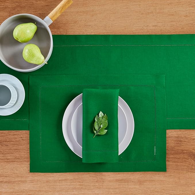 Solino Home Linen Garden Green Table Runner 90 Inches Long - 100% Pure Linen Hemstitch 14 x 90 Inch Table Runner for Dining, Winter, St Patricks Day, Easter - Classic Hemstitch