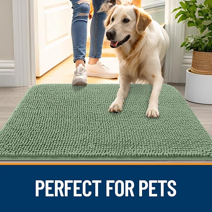 OLANLY Dog Door Mat for Muddy Paws 59x32, Absorbs Moisture and Dirt, Absorbent Non-Slip Washable Doormat, Quick Dry Chenille Mud Mat, Entry Indoor Entryway Carpet for Inside Floor, Olive Green