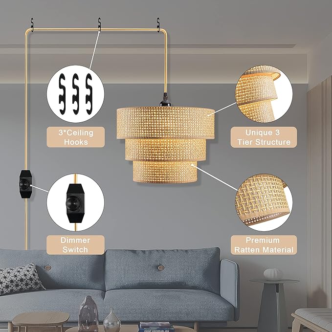 Plug in Pendant Light, Hanging Lamp with Dimmable Switch, Rattan Pendant Light Fixtures with 15 Ft Cord, Boho Lamp with Dark Yellow Shade for Bedroom, Kitchen, Living Room