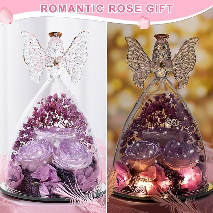 Christmas Rose Gifts for Women Preserved Real Flower in Glass Angel Figurines Roses for Delivery Prime Birthday Gifts for Mom Grandma Girlfriend Wife Her, Pearlescent Purple