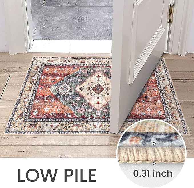 KOZYFLY Boho Area Rug 5x7 Ft Thin Rugs for Living Room Washable Bedroom Rug Non Slip Rugs for Living Room Rust/Orange/Blue Printed Faux Wool Vintage Bedroom Rug Floor Carpet for Dining Room