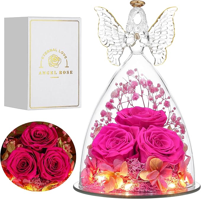 Christmas Rose Gifts for Women Preserved Real Flower in Glass Angel Figurines Roses for Delivery Prime Birthday Gifts for Mom Grandma Girlfriend Wife Her - Hot Pink