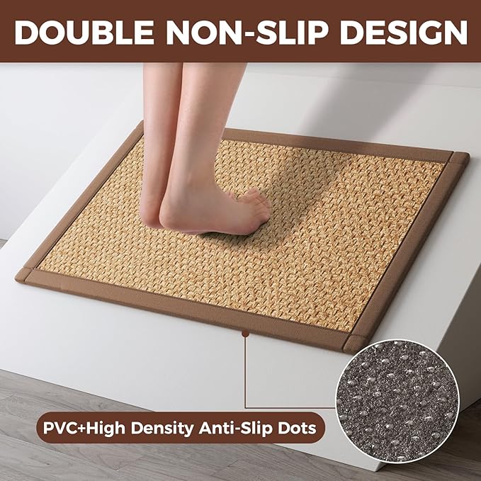 Anti Fatigue Kitchen Rugs Mat Non Slip Washable, 0.4" Thick Soft Cushioned Absorbent Kitchen Mats for Floor, Jute-Like Woven Laundry Standing Mats Sink Mat, Easy Clean Care, Brown 17"x30"