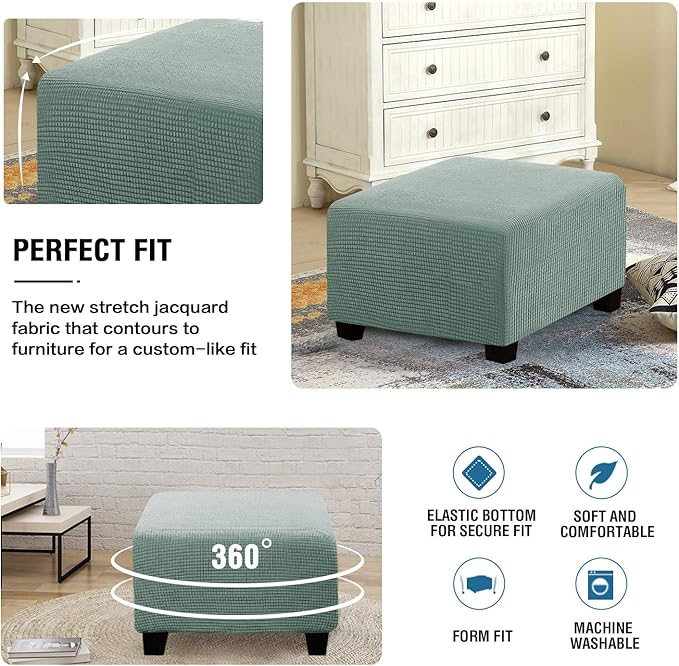 H.VERSAILTEX Square Ottoman Covers Ottoman Slipcovers Folding Storage Stool Furniture Protector Form Fit with Elastic Bottom, Stretch High Spandex Small Checks Jacquard Fabric(Medium,Sage)