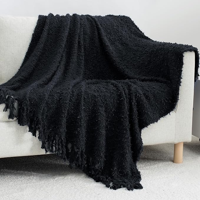 Knit Throw Blanket Fluffy Fuzzy Soft Lightweight Cozy Farmhouse Tassels Chunky Knitted Throws for Couch Sofa Bed (Black, 60"x80")