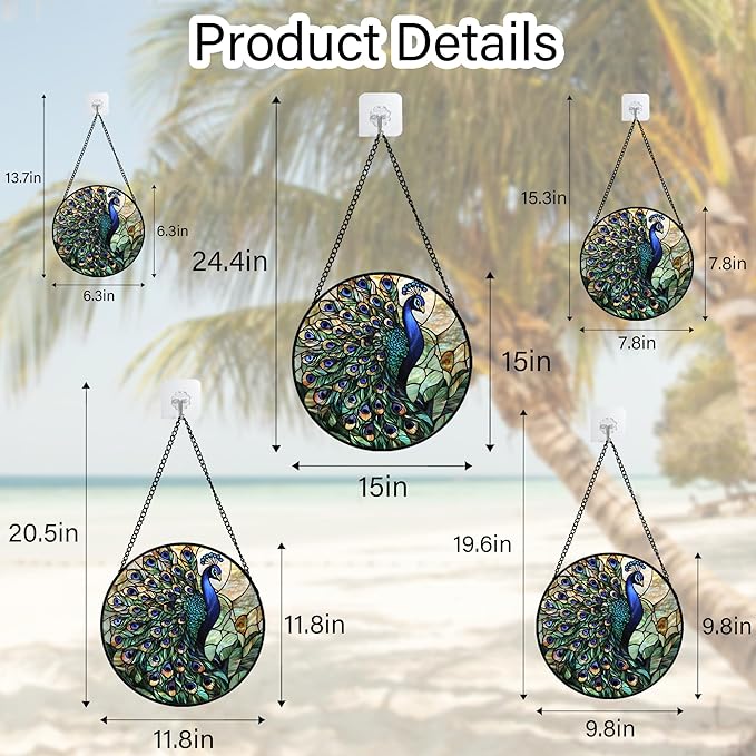 Stained Glass Window Hanging, Blue Green Peacock Decor Suncatcher for Door Garden Home Decoration Bird Sun Catchers Christmas Mother's Day Birthday Gifts for Women Men Mom Nana Friend 7.8 in
