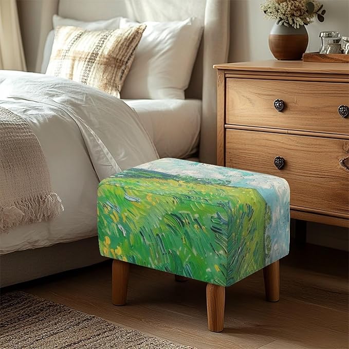 Small Ottoman Cover, Van Gogh Wheat Field Oil Painting Rectangle Ottoman Slipcover 30x24x15 Inch Form Fit Elastic Protector Covers for Foot Stool Folding Storage Furniture