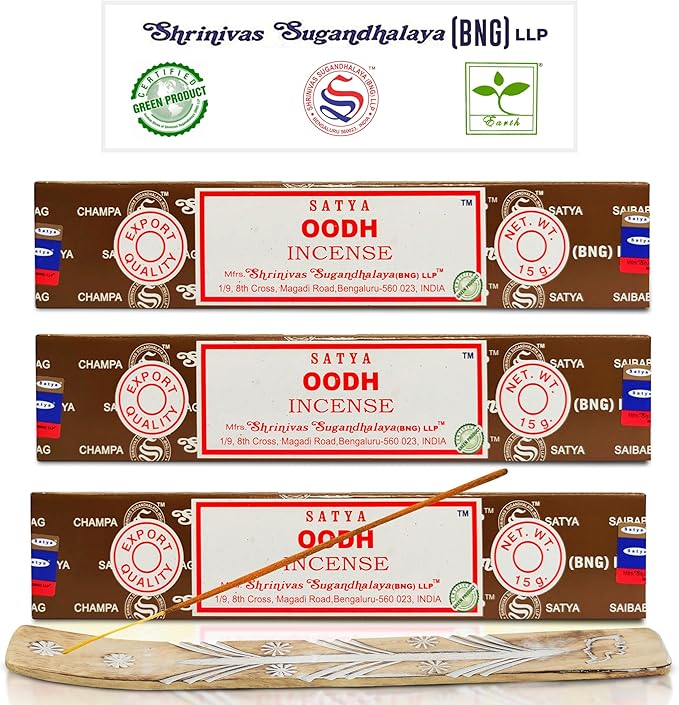 Satya Nagchampa Oodh Incense Sticks, Satya Bng (Bangalore) Insenses 15gmx3 Pack (45 GMS) with Raajsee Incense Holder Bundle, Satya Nagchampa Natural Incense