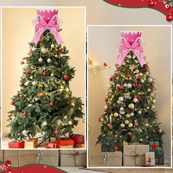 Jenaai Christmas Tree Topper Hat Candy Canes Tree Topper with Striped Bow Ribbon and Lollipop Christmas Decorations Desktop Ornaments Xmas Festive Gift for Home Xmas Holiday Winter Decor (Pink)