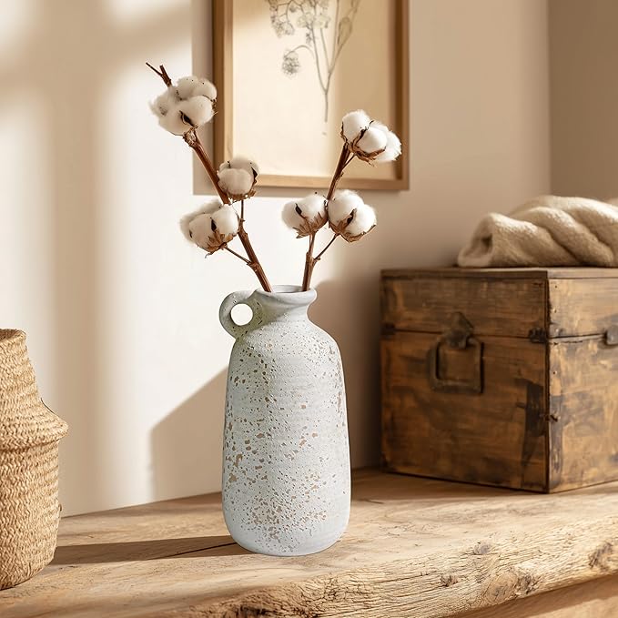 Sunddo White Ceramic Vase, Rustic Farmhouse Decorative Vase with Handle, Farmhouse Decor, Centerpieces Entryway Shelf Living Room Table Decor 10 inch