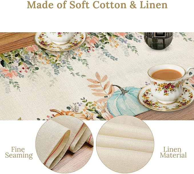 Fall Table Runner Blue Pumpkin Colorful Eucalyptus Leaves Thanksgiving Orange Green Watercolor Illustration Decor for Farmhouse Indoor Outdoor Party Holiday Dining Kitchen Restaurant Cafe W13xL108in