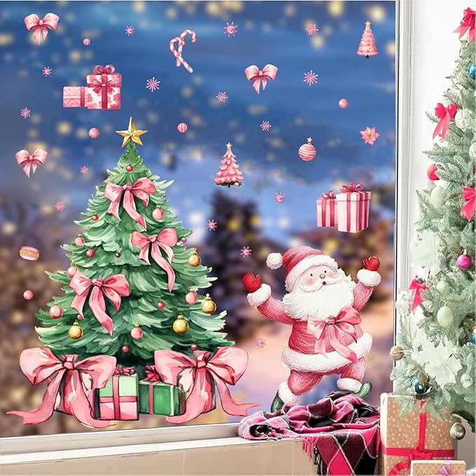 Christmas Decoration Window Decals Pink Bow Xmas Tree Window Clings Indoor Decor Removable Santa Claus Static Cling for Glass Double-Sided Snowflake Glass Sticker for 2026 New Year Living Room Supply