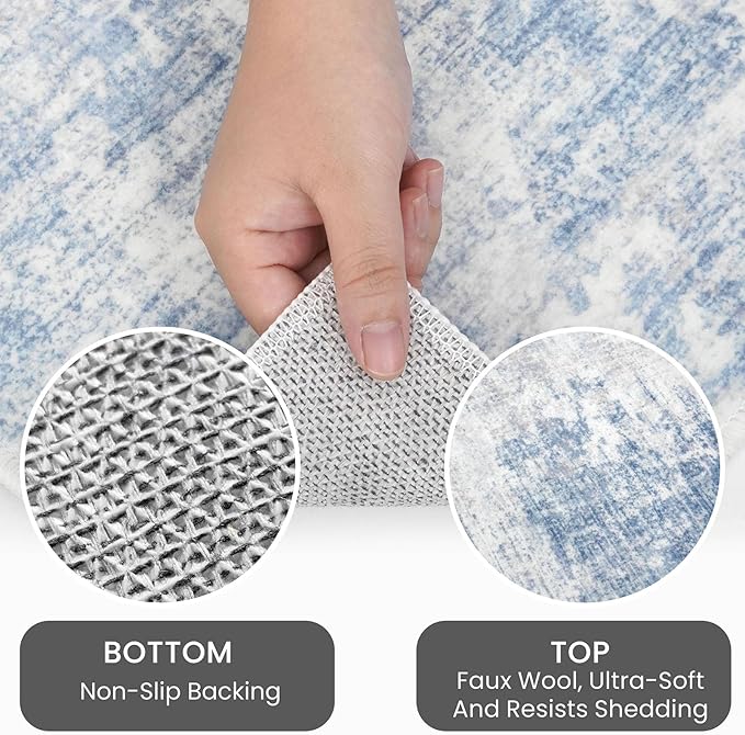 IOHOUZE Abstract Runner Rug 2x5 Ft Washable Runners for Hallways, Non Slip Kitchen Runner Printed Faux Wool Entryway Runner Indoor, Modern Floor Carpet for Hall Kitchen Bedroom, Light Blue White