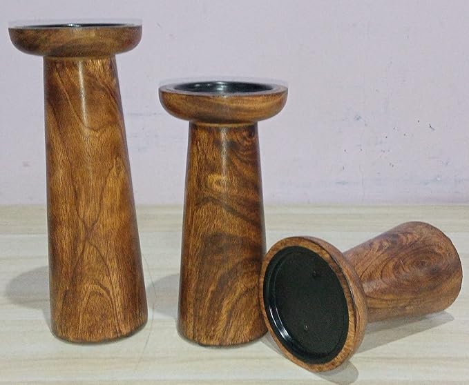 Hand Crafted Wooden Pillar Candle Holders Set of 3, Ideal for LED and Pillar Candles, Gifts for Wedding, Christmas, Party, Home, Spa, Reiki, Aromatherapy, Votive Candle Gardens - 10, 8, 6 Inch - Burnt