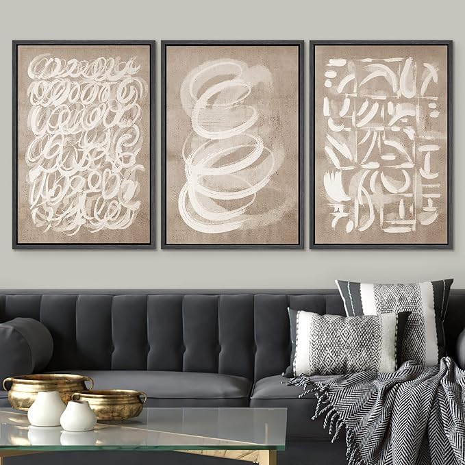 SIGNWIN Framed Canvas Print Wall Art Set Geometric Brown White Paint Collage Shapes Abstract Illustrations Modern Art Decorative Nordic Calm/Zen for Living Room, Bedroom, Office - 24"x36"x3 Black