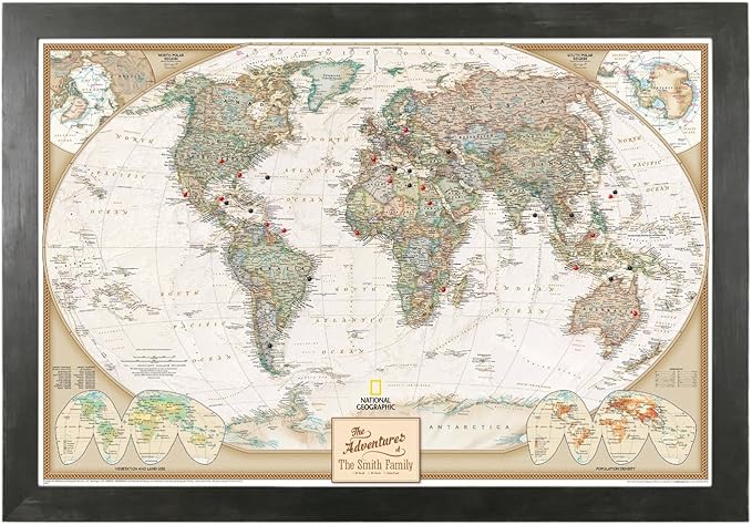 Canvas Executive World Map Pin Board – Framed Travel Map with Pins for Wall – Personalized Push Pin World Map for Tracking Journeys – 27.5" x 39.5" Rustic Black Frame