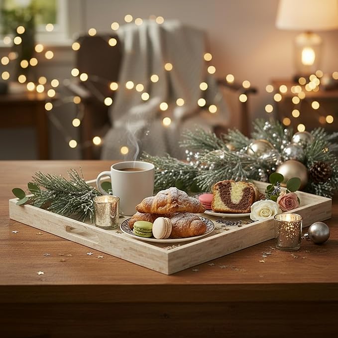 PEMAR Extra Large 20" Square Mother of Pearl Ottoman Tray with Insert Handles, Oversized Decorative Luxury Wooden Serving Tray for Food, Coffee Table, Breakfast in Bed (White Cream)