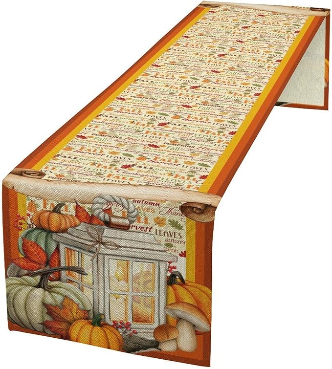 Fall Pumpkin Table Runner Rustic Farmhouse Mushrooms Leaves Berries Lanterns Thanksgiving Theme Home Decor for Farmhouse Indoor Outdoor Party Holiday Dining Kitchen Restaurant Cafe W13xL120in