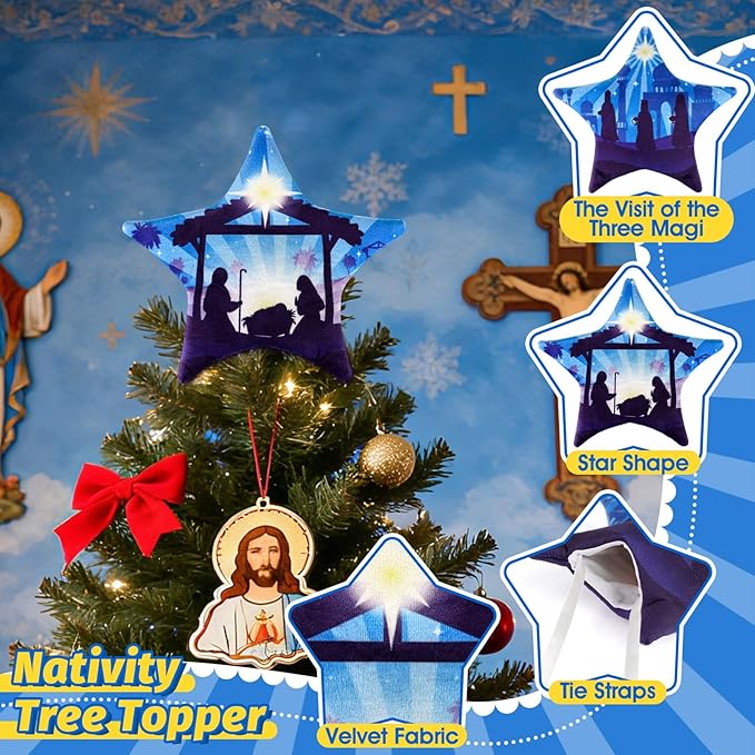 Eyourlife Nativity Scene Christmas Tree Topper, 8in Winter Velvet Pentagram Tree Topper Xmas Tree Star Shaped Decor for Family Churches Sunday School Christmas Tree Holiday Party Supplies Gifts
