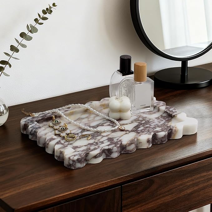 100% Real Natural Marble Tray, Genuine Calacatta Viola Scalloped Stone Tray, Luxury Decorative Trays for Bathroom Dresser, Vanity, Home, Kitchen Decor, Non-Resin/Ceramic, 10.6"x 8", Purple