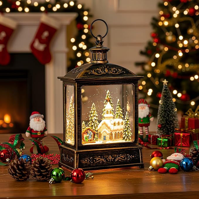 Christmas Snow Globe Lantern Water Glittering Churche & Manger Scene with Music & Timer, USB Lined/Battery Operated Lighted Lantern for Christmas Festival Decoration Gifts