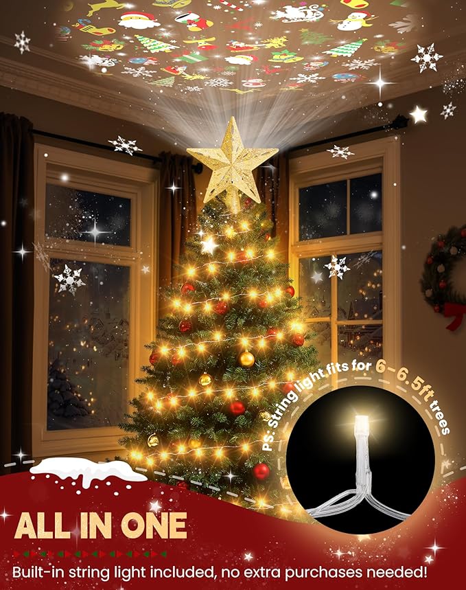 Christmas Tree Topper with 32.8FT Warm Light Cord and 6 Projection Modes, Christmas Star Tree Topper Built-in LED Rotating Projector Lights, 3D Glitter Christmas Tree Decorations (Gold)