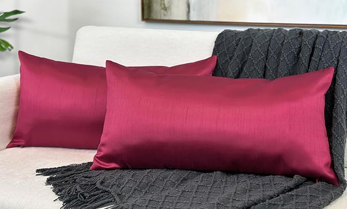 Aiking Home 12x24 Inches Faux Silk Rectangular Throw Pillow Cover, Zipper Closure, Burgundy (Set of 2)