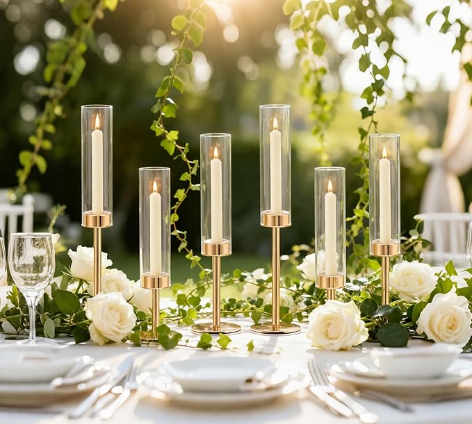 PHOSPHOR Gold Hurricane Candle Holder 6-Piece Tall Glass Candle Holder with Gold Metal Frame for Table Centerpieces, Weddings, Christmas, Parties, Home Decor