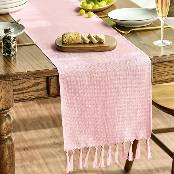 Artoid Mode Blush Pink Tassel Table Runner, Linen Blend Rustic Farmhouse Style Kitchen Table Decoration Holiday Wedding Party Dinning Decor 13x90 Inch
