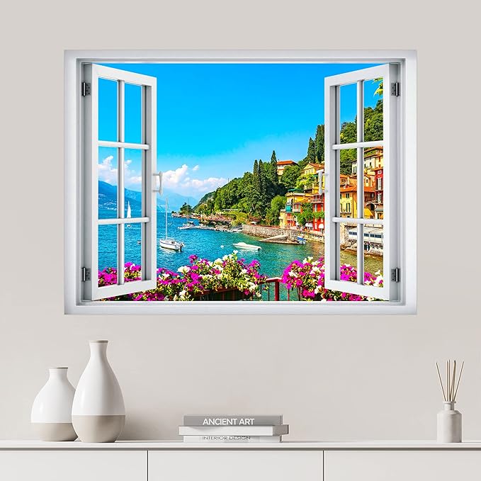 SIGNWIN Removable Wall Sticker/Wall Mural Window View Italian Amalfi Coast Cityscape Nature Wilderness Photography Realism Decorative Landscape Digital Art for Living Room, Bedroom, Office - 36"x48"