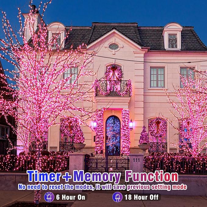 800 LED Pink Christmas Lights Outdoor 262FT Pink String Lights 8 Modes Clear Wire, Plug in Waterproof Twinkle Fairy Lights for Bedroom Indoor Wedding Christmas Party Decorations