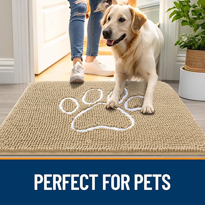 OLANLY Dog Door Mat for Muddy Paws 59x24, Paw Print Design, Absorbs Moisture and Dirt, Absorbent Non-Slip Washable Doormat, Quick Dry Chenille Mud Mat for Dogs, Entry Indoor Entryway Carpet, Beige