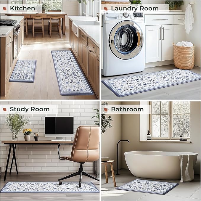 FRESHMINT Anti Fatigue Kitchen Mats for Floor 2 Piece Set, Waterproof & Non-Skid Vintage Floarl Kitchen Rugs, Cushioned Kitchen Mat for Standing Washable Comfort Desk Kitchen Runners, 17x30''+17x47''