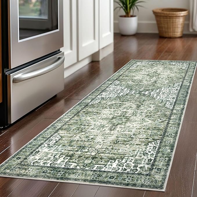 2x5 Runner for Hallways, Green Non-Slip Washable Kitchen Runners, Vintage Boho Runner Printed Rug with Non-Shedding, Soft Medallion Floor Carpet Rugs for Laundry Bedroom Entryway