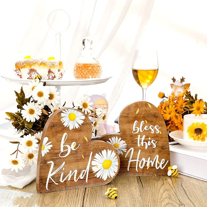 Jetec 2 Pcs Rustic Table Decorations for Living Room Home Decor Farmhouse Valentines Day Centerpiece Small Love Wooden Heart Decor for Dining Room Shelf Valentines Gift Decoration(Daisy Style)