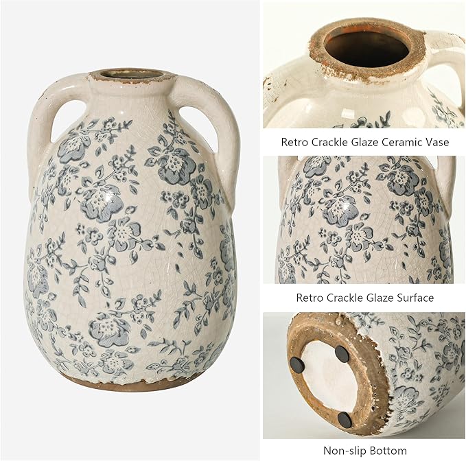 Vintage Chinoiserie Blue and White Ceramic Vases Decor 7” Retro Ice Crackle Hand-Painted Peony Ceramic Pitcher Antique Style Home Decor (7.5 Inch Blue and White)