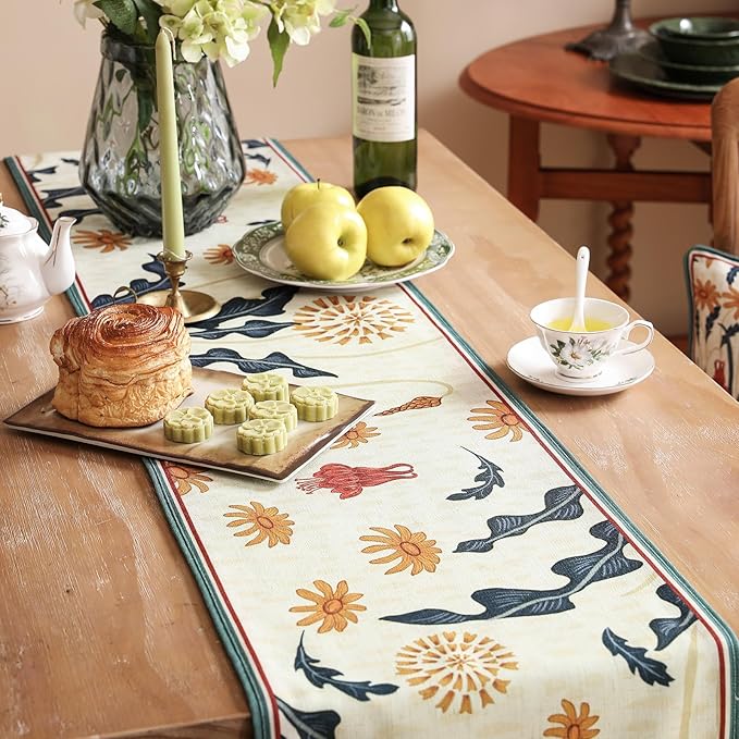 Beige Rectangular Christmas Table Runner 71 Inches Long,Farmhouse Linen Flower Table Runners with Orange and Red Floral,Fall Decorations for Home Thanksgiving Party.12*71"-Tijuana