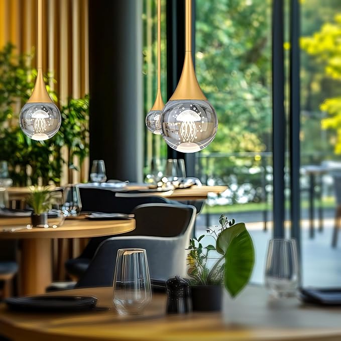 3-Pendant Lights Kitchen Island, Painted Gold Globe Crystal Ceiling Hanging Light Fxitures, LED Light Fixtures Metal Rod Ceiling Glass Pendant Lighting for Kitchen Island Dining Room Bar