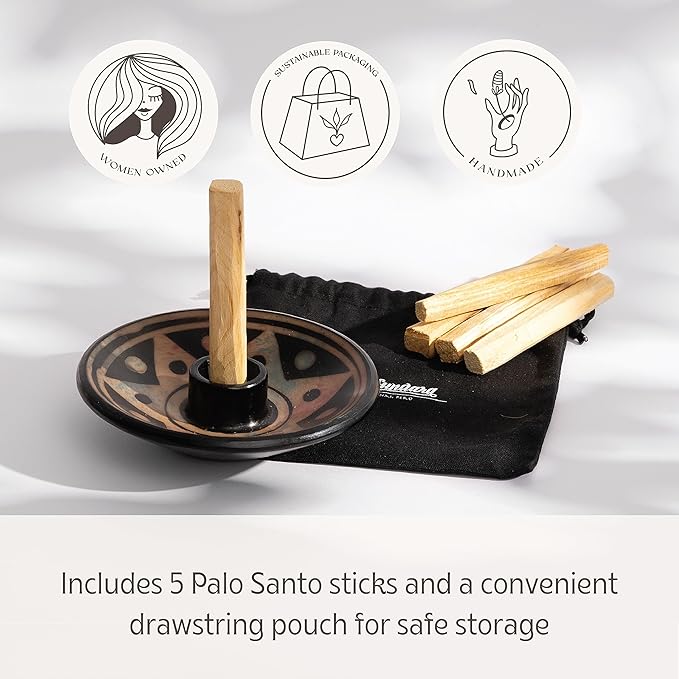 Luna Sundara Authentic Peru Pottery Palo Santo Stick Holder and Incense Holder with 5 Palo Santo Sticks Handmade Ceramic Smudge Bowl Sage Holder Apricot Gift Set
