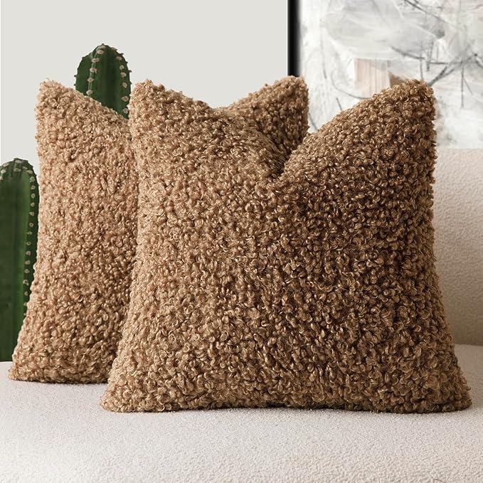 Foindtower 2 Pieces 16x16 Inch Dark Bronze, Faux Fur Throw Pillow Cover Accent Sherpa Furry Pillow Covers Fuzzy Soft Pillowcases Cozy Sheepskin Decorative Fleece Cushion Case for Bed Couch Living Room