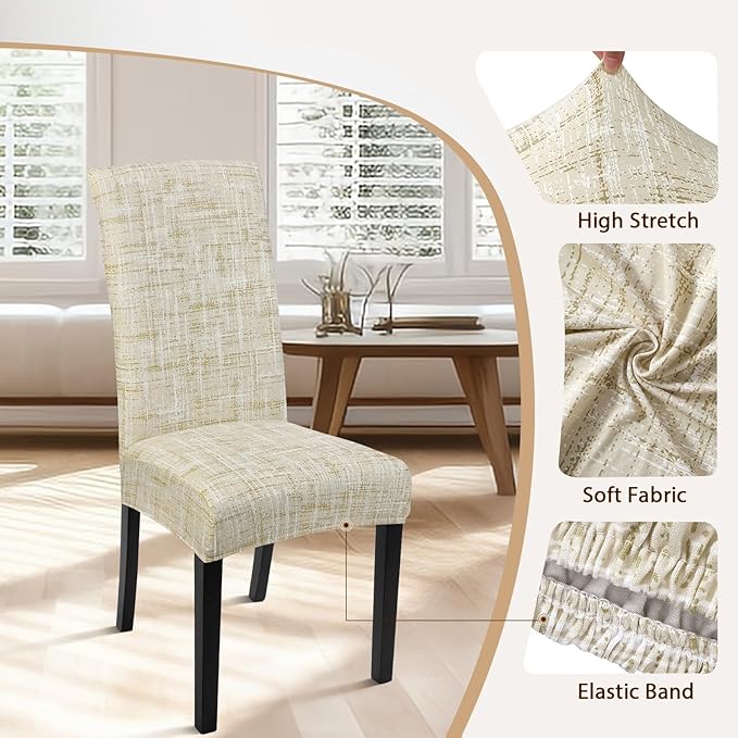SearchI Dining Room Chair Covers Set of 4, Stretch Printed Floral Parsons Chair Slipcovers Removable Washable Kitchen Chair Protector Cover for Dining Room, Hotel, Ceremony (Beige Textured Grid)