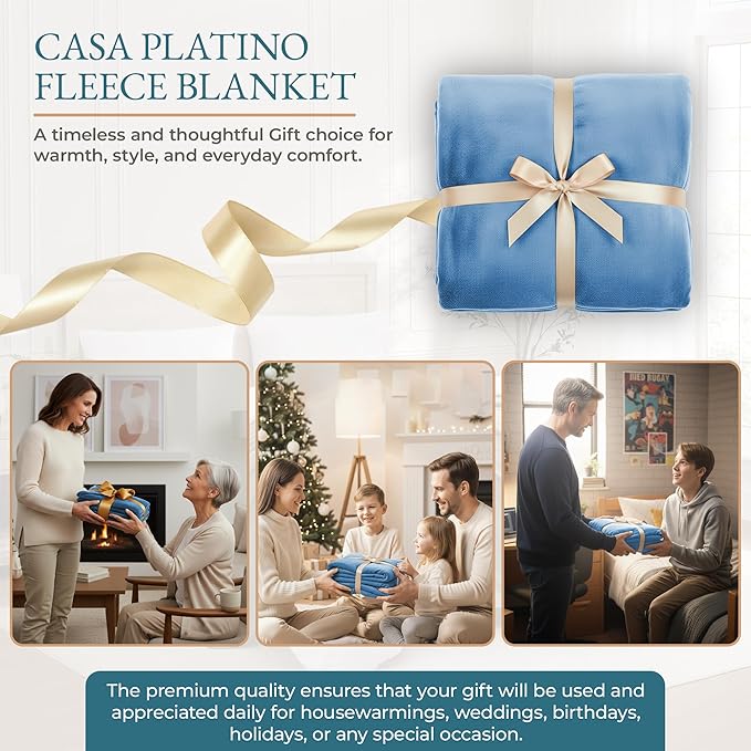 Casa Platino Twin Blanket – Fleece 60x80 – Lightweight Flannel Throw Blanket for Bed or Sofa – Soft & Cozy for Summer or Winter – Gift for Women - Light Blue